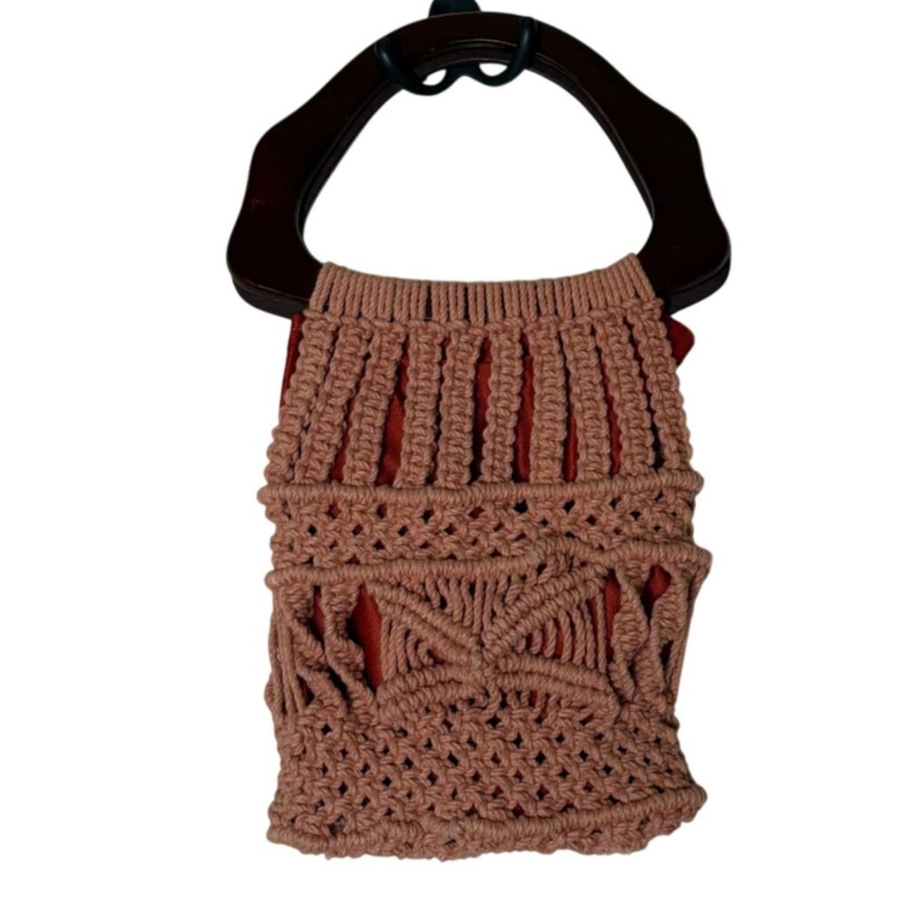 Vintage Macrame Handbag Boho Crochet Purse Wood Handle 70s Tote - Picture 3 of 9